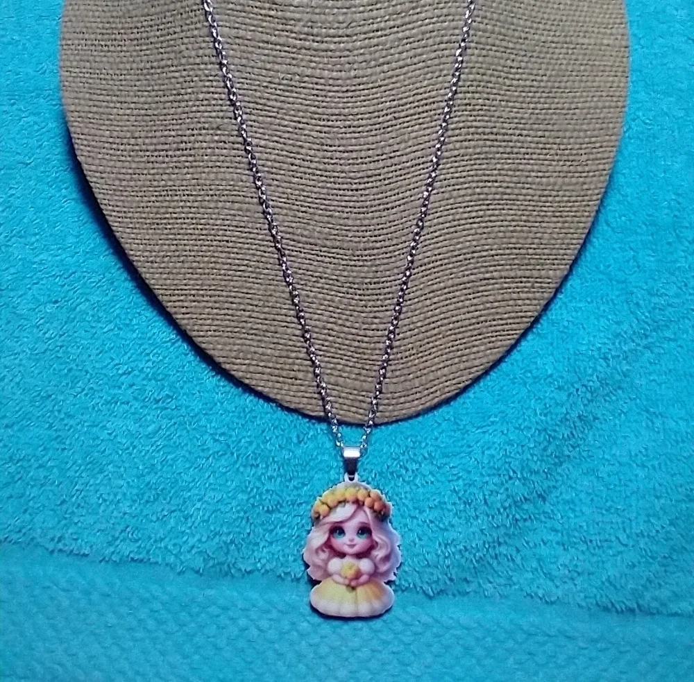Cute Girl Pendant with Yellow Flower Crown pink hair blue eyes